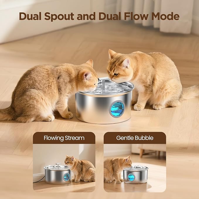 Cat Water Fountain Stainless Steel: Cat Fountain for Drinking with Filter - Pet Water Fountain for Cats Indoor - Automatic Pet Water Dispenser Bowl - 6 Carbon Filters & 3 Foam Filters