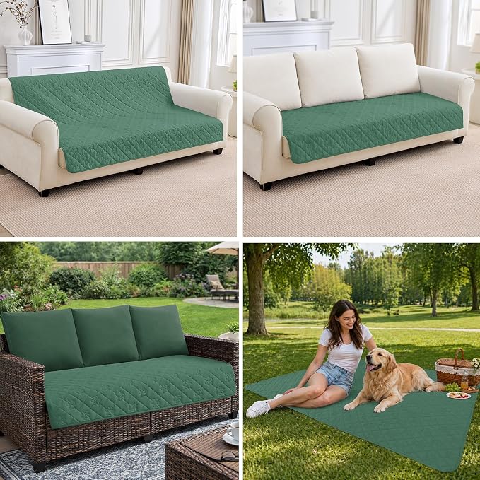 PAWFINITY Waterproof 4 Seat Couch Covers for Dogs, Pet Blanket for Sofa | Paw Print Quilted, Hair Resistant, Anti Cat Scratch, Washable Furniture Protector for 4 Seater Cushion, 35x96 Inch, Green