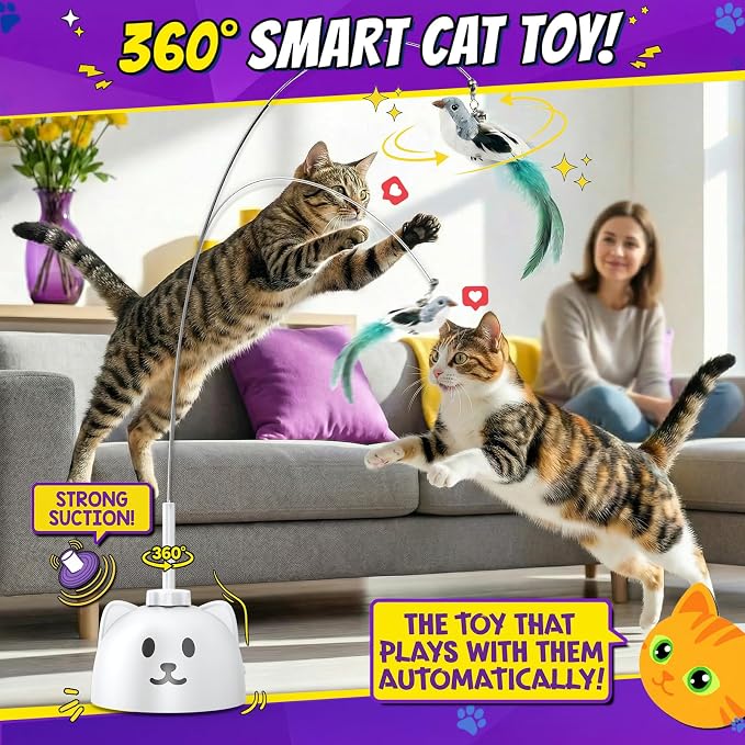 Interactive Cat Toys for Indoor Cats, 360° Automatic Spin Flying Bird Wand | 8cm Suction Cup & Weighted Base, Silicone-Protected Rod, USB Rechargeable with Replaceable Feather & Streamer Attachments