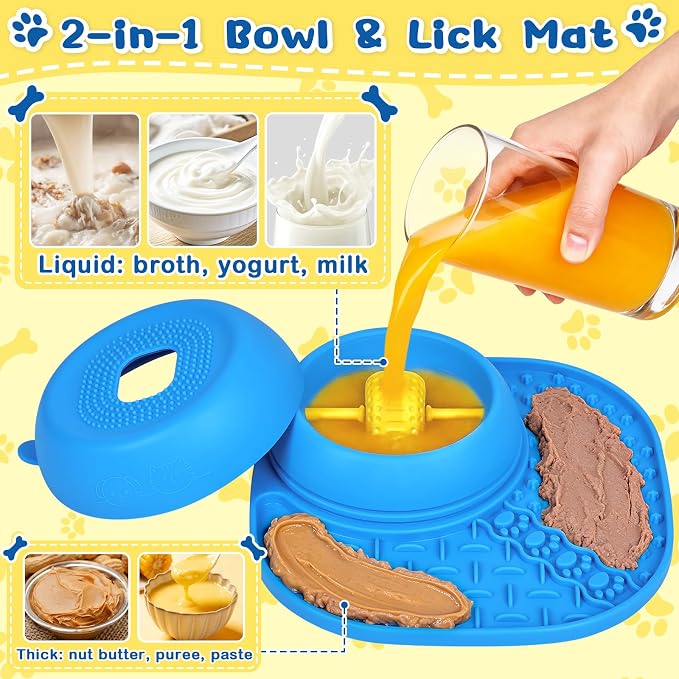 Dog Licking Bowl with Rolling Ball - 2-in-1 Anti-Slip Slow Feeder Dog Bowls w/Lick Mat for Liquid and Thick Treat, 150ml Licking Bowl for Anxiety Relief, Fits Small Medium Large Dogs & Cats Blue 2Pcs