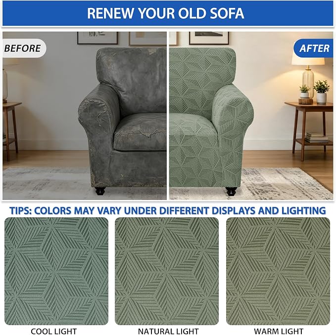 ZNSAYOTX Stretch Chair Cover, 1 Piece Couch Covers for 1 Seat Sofa, Jacquard Armchair Slipcovers with Elastic Bottom Thickened Furniture Protector for Dog Cat Pet (Small, Army Green)