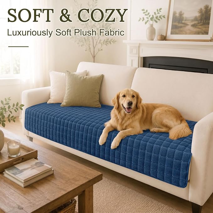 Smiry Velvet Couch Cover for Dogs, Non Slip Soft Sofa Protector for Pets | Washable Sofa Cover for Cats, Cozy Furniture Protector Against Pet Hair, Scratches, Fits Sectional Sofa(Navy Blue, 36"x71")