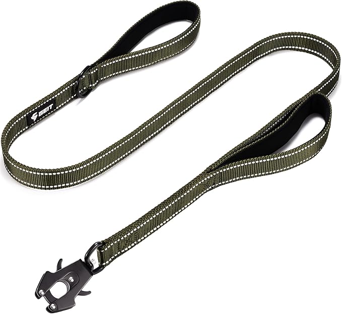 GEIT 4/5/6FT Heavy Duty Dog Leash with 2 Comfortable Padded Handles, Reflective Rope Leashes with Quick Release/Locking Tactical Frog Clip for Small Medium and Large Dogs, Army Green