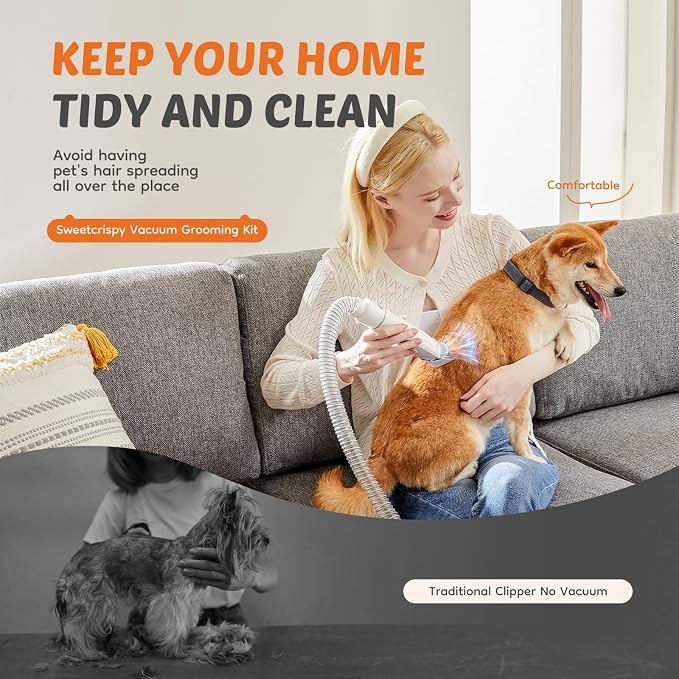 DUMOS Pet Grooming Vacuum Kit, 3 Adjustable Suction Modes | Dog Hair Clipper, 5 Professional Grooming Tools with Low Noise Cat Hair Clippers, 2.5L, Ivory
