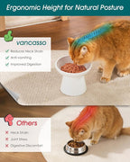 vancasso Elevated Cat Food Bowls 2-Pack, 6.2" Wide Shallow Cat Feeding Bowl for Whisker Fatigue, 5.1" Height Ceramic Raised Food Bowls for Senior Cats, Anti Vomit, White