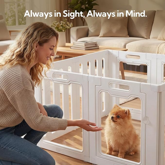 Soulbond Clear Acrylic Dog Playpen Indoor, 24 Inch, White, 8 Panels | Non-Slip,Tool-Free Assembly, External Door Lock Play Pen for Puppies and Small Dogs