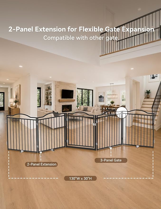 No Pawblems Full Metal Freestanding Pet Gate for Doorways | 2-Panel Foldable Indoor Metal Pet Fence for Extension, Extra Wide Puppy Gate for Stairs, Deck, Yard, 52" W x 30 H, Black