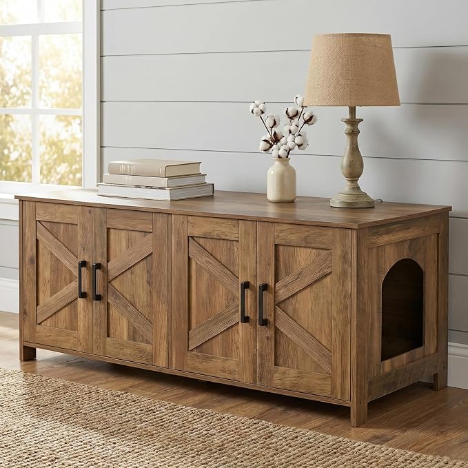 Homhedy 47.2”L Cat Litter Box Enclosure for 2 Cats, Rustic Walnut | Wooden Litter Box Furniture Hidden with Double Room, Cat Washroom, Cat House, Dog-Proof, TV Stand,Farmhouse Style