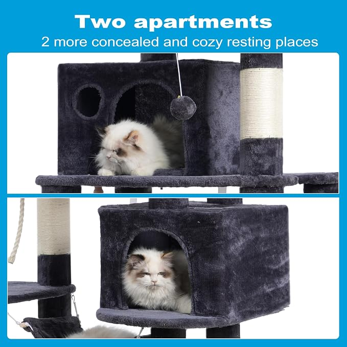 Hey-brother Cat Tree Tower with Sisal Scratching Posts, Big Condo, MPJ020G | 53.7 Inches Multi-Level Cat House with 2 Bigger Plush Condos, 2 Platforms, Hammock, Toy Balls for Indoor Cats, Smoky Gray
