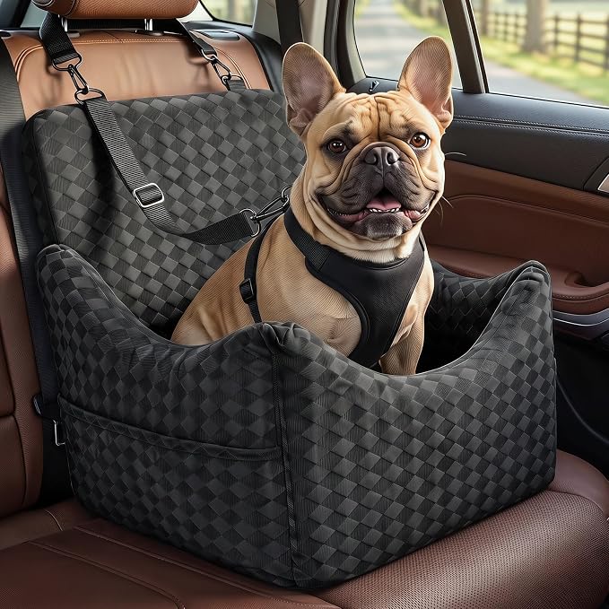 Topmart Dog Car Seat for Small Medium Dogs Under 35lbs, Cozy Pet Seat | Foam Safety Dog Booster Seat for Back Seat, Pet Bed for Car with Safety Tether, Storage Pockets, Machine Washable Cover Black