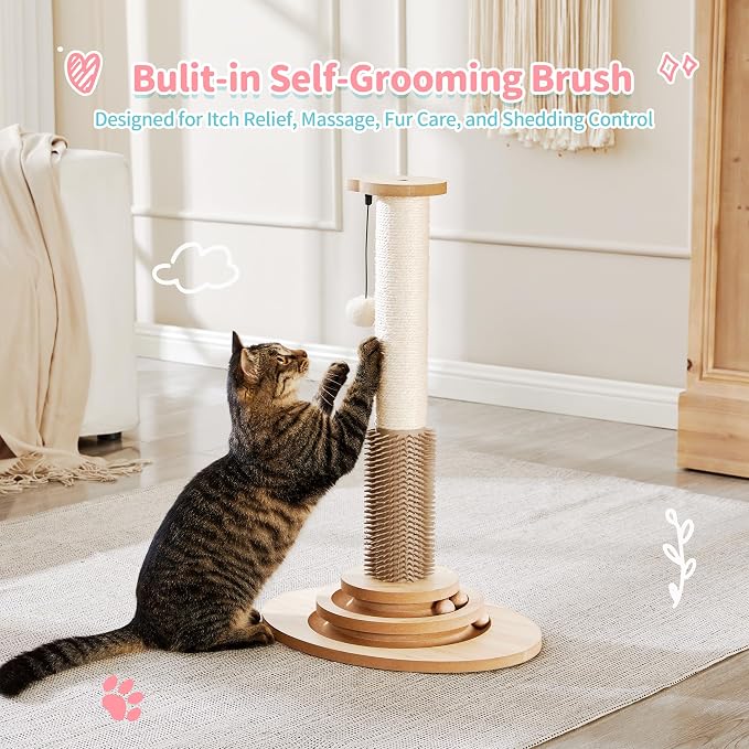 Made4Pets Cat Scratching Post for Indoor Cats with Self Groomer, 23" | Cat Scratcher with Natural Sisal Rope, Stable Base and Interactive Ball Track, Cat Toys for Kittens and Small Indoor Cats