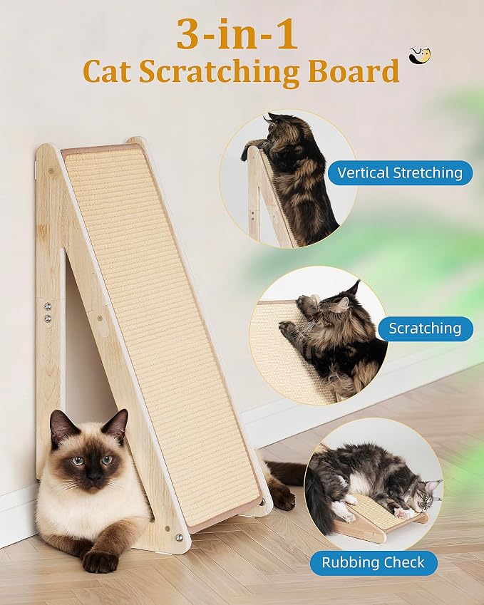 Aechonow 26.4'' Sisal Cat Scratcher Ramp for Indoor Cats | Vertical Scratching Pad for Large Cats, Wooden Cat Furniture