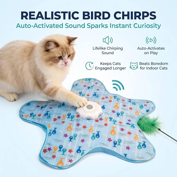 Automatic Interactive Cat Toy Hide and Seek Electric Toy with Feather Wand Bird Sounds Touch Activated USB Rechargeable Play Mat for Indoor Cats Self Play Exercise for Kittens and Cats