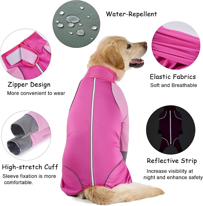 Dog Onesie Coat - Water-Repellent & Stretchable, Dirt-Resistant Outdoor Puppy Suit with Reflective Strips | Controls Shedding | for Small, Medium, Large Dogs (Fuchsia Pink, 5XL(Weight 65-88 lbs))