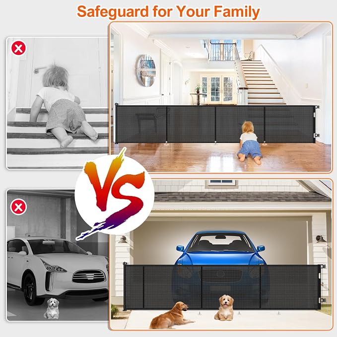 EZIGO 180 Inch Retractable Baby Gates, 41 Inch Extra Tall Retractable Gate | Reinforced Retractable Dog Gate with Rods, 15 FT Extra Long Mesh Pet Gate for Stairs Hallways Doorway Indoor Outdoor, Black