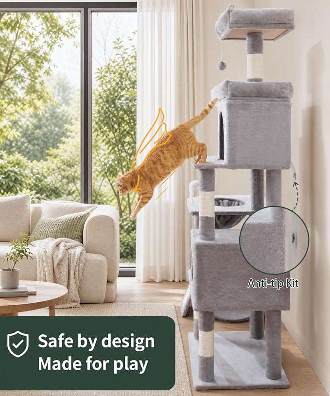 68 Inches Heavy Duty Cat Tree for Indoor Cat, Big Cat Tower | Cat Houses & Tree Tower with 2 Condos, Sisal Scratching Posts & Large Platform for Indoor Cats Large Adult, Grey