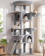 Globlazer Extra Large Cat Tree, 78 inch Sturdy Tall Cat Tree Tower for Indoor Multiple Large Adult Cats Kittens with 6 Scratching Posts, Enlarged Top Perch, 2 Padded Condos, S78G, Light Grey