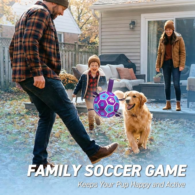 QDAN Dog Toy Soccer Ball, Durable Dog Balls for 30-90 lbs Small Medium Dogs | 8 Inch Soccer Toy with Straps, Dog Tug Toy for Tug of War, Puppy Birthday Gifts, Training Herding Balls for Outdoor, Purple
