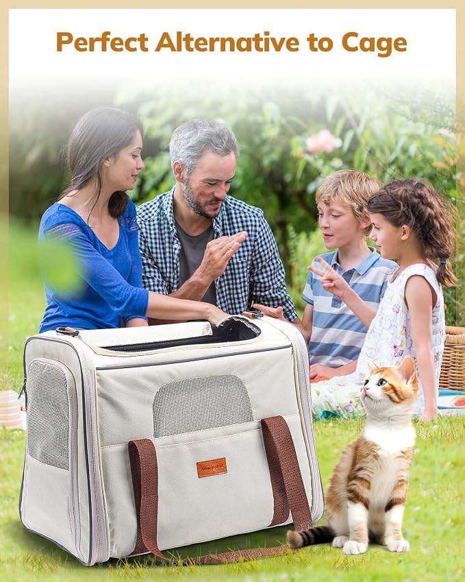 Morpilot Pet Travel Carrier Bag, Soft-Sided Dog Carrier Cat Carrier Pet Carrier, for Large Cats and Medium Puppies up to 25lbs, with Locking Safety Zippers, Foldable Bowl (Beige)
