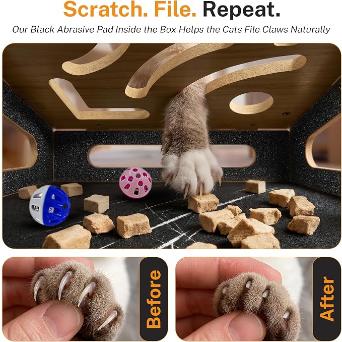 Cat Nail File Box – XL Wooden Cat Scratch Box with Built-in Nail Filing Pad, Interactive Puzzle Toy with 4 Bell Balls & 2 Feather Teasers, Claw Saver Box for Indoor Cats & Kittens