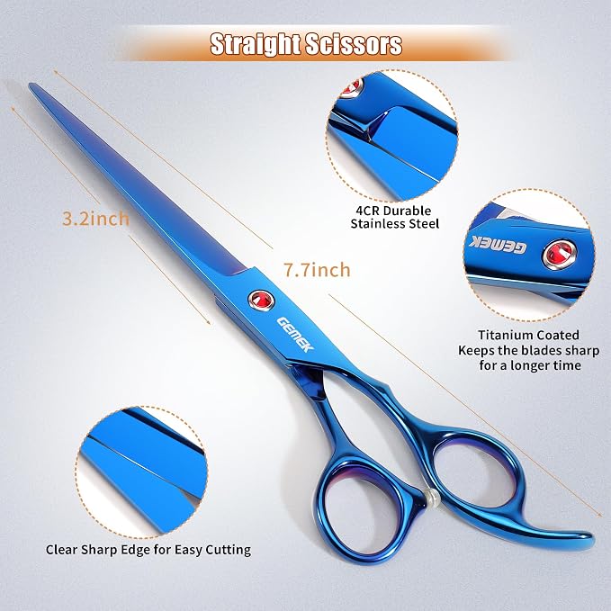 7.0in Titanium Professional Pet Grooming Scissors Set, GEMEK 6 in 1 Straight & Thinning & Upwards Curved & Downwards Curved Scissors & Comb for Dogs, Cats (Blue)