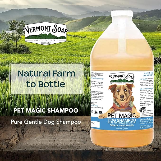 VERMONT SOAP Organic Pet Shampoo, Unscented Natural Dog Shampoo, 64 oz | Unscented organic olive oil, coconut & aloe vera, sensitive skin care, USDA Certified grooming, fragrance free, dog shampoo