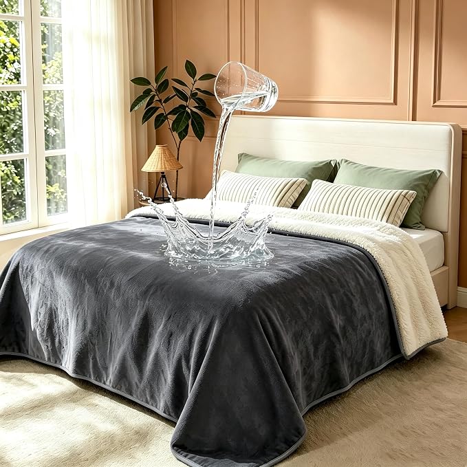 gogobunny Waterproof Bed Blanket, Reversible Sherpa Fleece Throw Blanket for Dog Puppy Cat, Furniture Cover Protects Bed Couch Sofa from Liquid Pee and Pet Fur (Dark Grey, 90x90 inches)