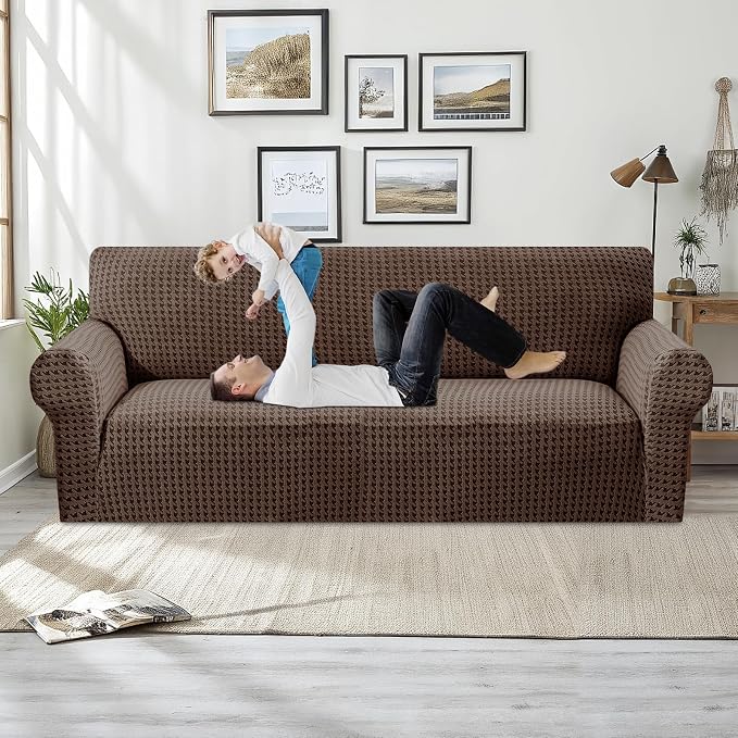 MAXIJIN Stretch Couch Cover Sofa Covers for 3 Cushion Couch (71"-91" Washable Sofa Slipcovers with Non-Slip Foam & Elastic Strap, Dog Cat Pet Friendly Furniture Protector (Large, Brown)