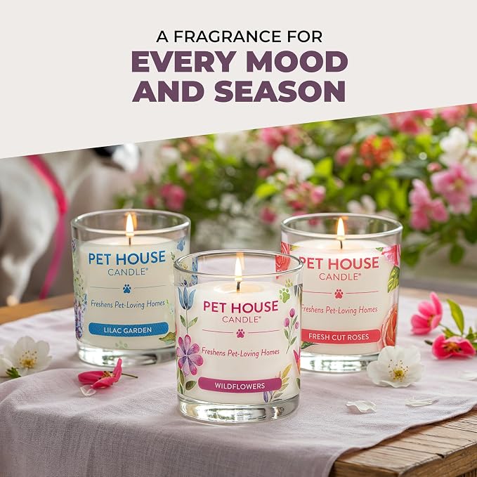 Pet House Candle 2 Pack - Plant-Based/Soy - Clean Burning Scented, Long Lasting Pet Odor Candle for Home - Fresh Citrus, Lavender Green Tea