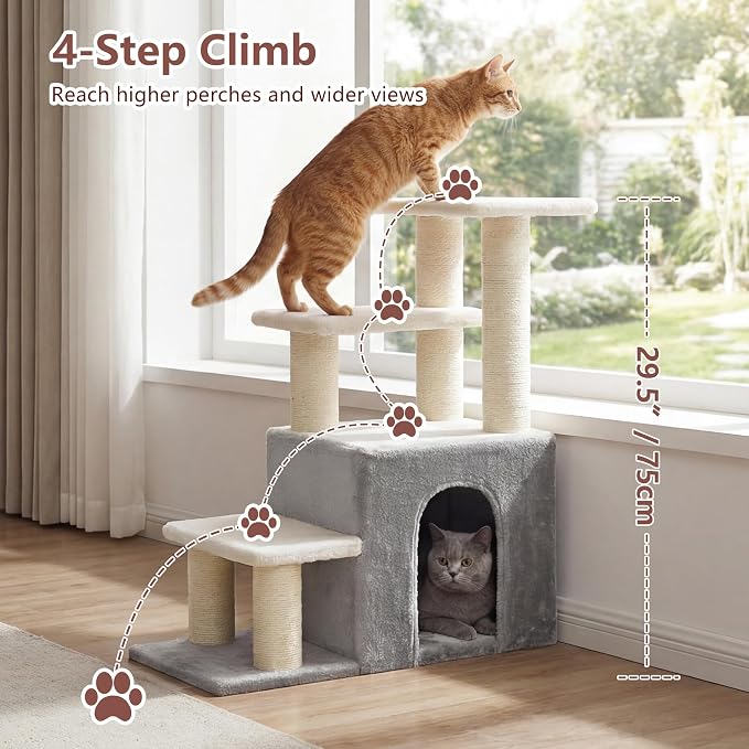 Heybly Cat Scratching Post, Pet Steps for Indoor Cats and Dogs, HSP002SWWH | Small Cat Tree with Cat Condo, Pet Stairs with Full Wrapped Sisal Posts & Soft Plush Fabric, Light Gray & White