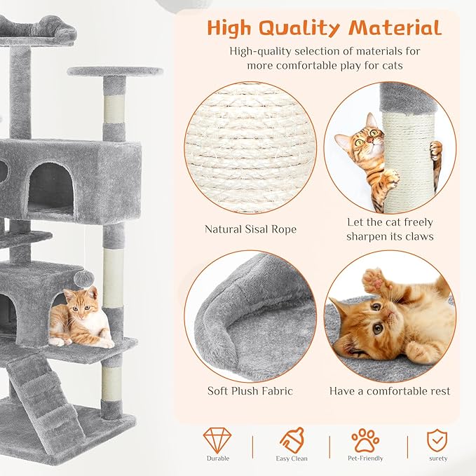 54 Inch Cat Tree Tower with Scratching Post, Light Grey | Multi-Level Cat Tower with Condo and Climbing Ladder, Play Toy Balls House for Indoor Cats