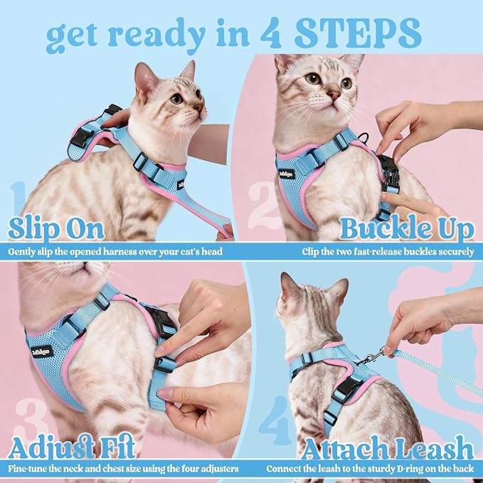 rabbitgoo Cat Harness and Leash Set, Escape Proof Vest, Light Blue & Pink | Soft Breathable Mesh, Easy Adjustable Fit, Snap Buckles, Sturdy Clip, Reflective Strips, for Medium to Large Cats Walks, M