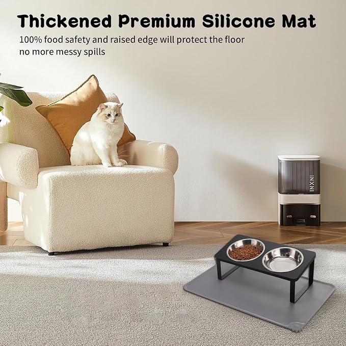 Summark Upgraded Elevated Cat Bowls with Food Mat,15°Tilted Stand Anti Vomiting Raised Cat Dishes for Food and Water,2 Stainless Steel Bowls for Cats and Puppy（Black）