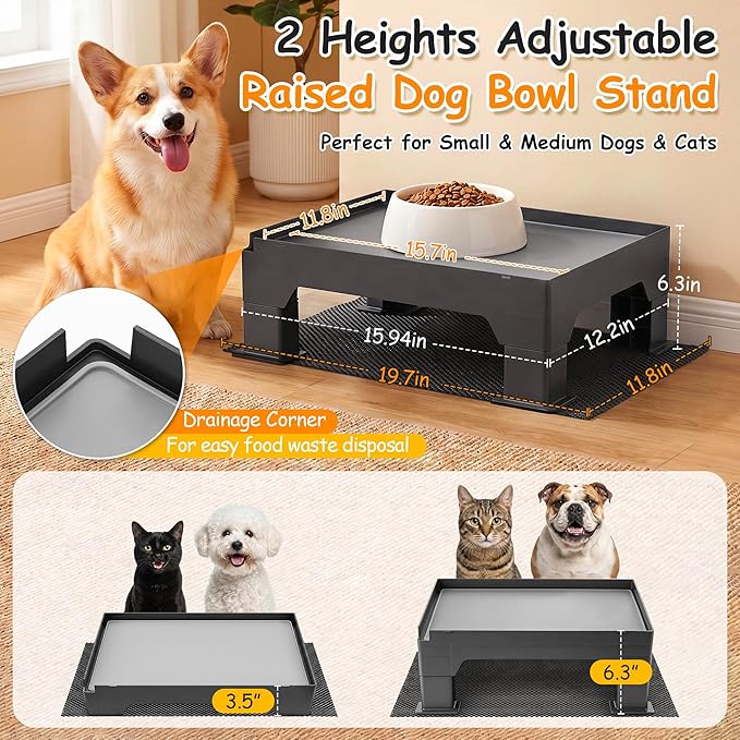 Elevated Dog Bowl Stand and Waterproof Non Slip Mat,1 Set,No Absorbent Pad | Reduce Neck, Joint and Spinal Strain, Sturdy Legs, Easy Clean Silicone Pet Food Mat, For Small & Medium Dogs, Cats