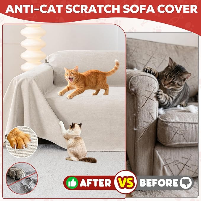 Loiion Cat Scratch Proof Furniture Protector Waterproof Sofa Cover 118"x71" | Pet-Friendly Couch Protector, Anti-Scratch & Anti-Slip Sofa Cover For Cats Dogs Kids, Machine Washable