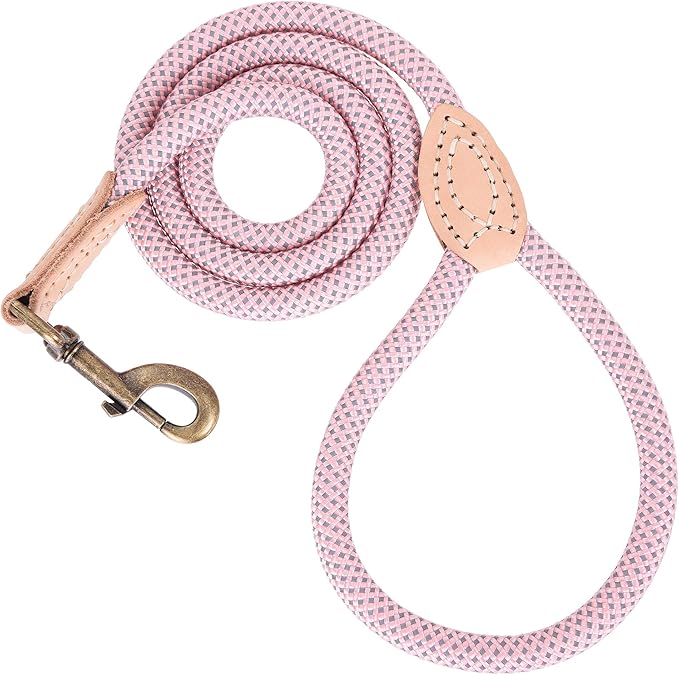Mile High Life Dog Leash with Genuine Leather Connection, Reflective | Rope Leash, Heavy Duty 360° Swivel Metal Clasp, for Small Medium & Large Dogs Walking (Pink, 72 Inch-1/2)
