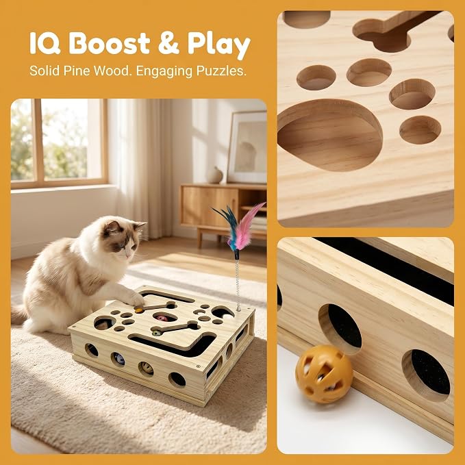 Cat Puzzle Toy,Cat Scratch Puzzle Enrichment Box,Cat Nail File Scratcher,Porous Design,Stimulate Cats Exploratory &Slow Down Eat Speed,Built in Frosted Paper,Polish Their Nail While Play