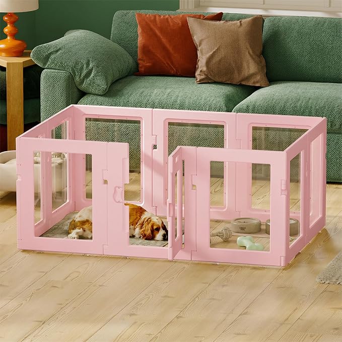 Clear Acrylic Dog Playpen Indoor, Puppy Cat Small Pet Play Pen, Easy Assemble & Disassemble Sturdy Plastic Dog Fence with Heavy Duty Door Lock (24In H, 10PCS), Pink