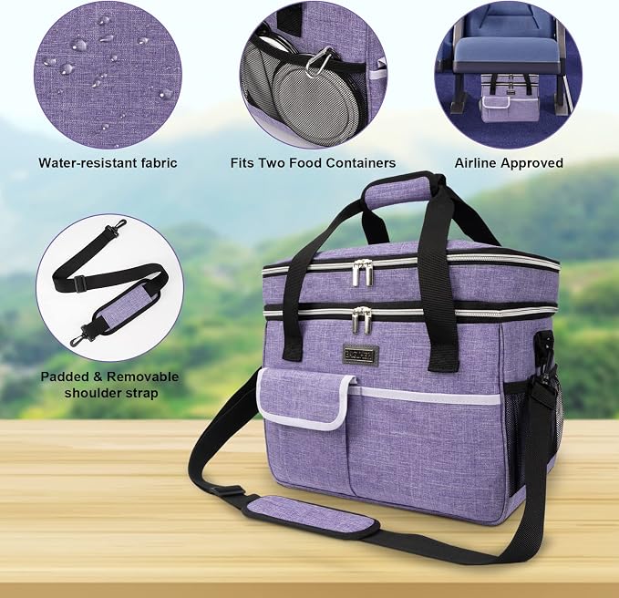 BAGLHER Dog Travel Bag for Supplies - Double-Layer Airline Approved Weekend Pet Travel Organizer Set for Dog and Cat Tote with 2 Pet Food Containers and 2 Collapsible Silicone Bowls Purple