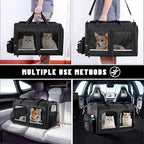 Cat Carrier for 2 Cats, Foldable Double Cat and Dog Carrier, Small to Medium Size, 2 Front Zippered Compartments,Two Pets Carrier for Outdoor Travel,Mulitple Cat Carrier (Black)