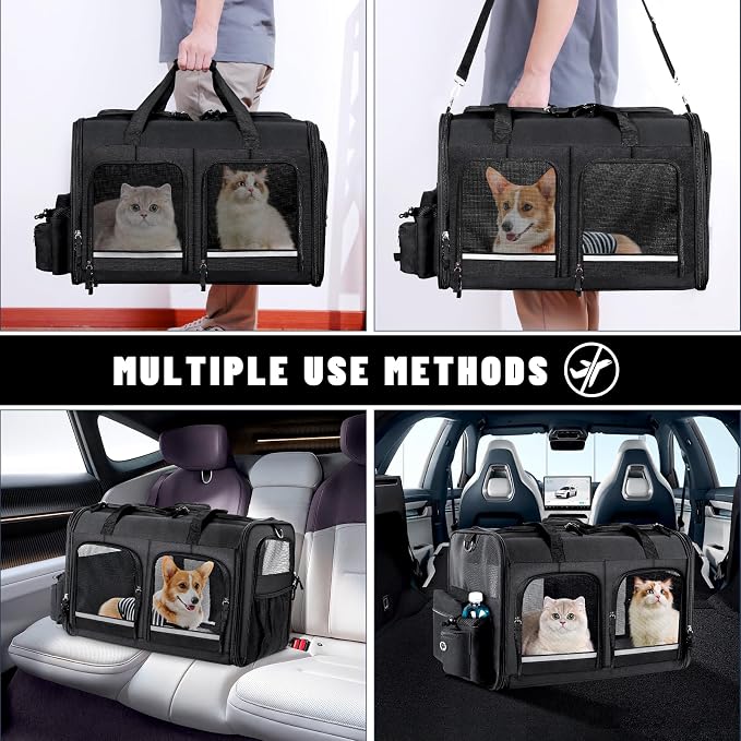 Cat Carrier for 2 Cats, Foldable Double Cat and Dog Carrier, Small to Medium Size, 2 Front Zippered Compartments,Two Pets Carrier for Outdoor Travel,Mulitple Cat Carrier (Black)
