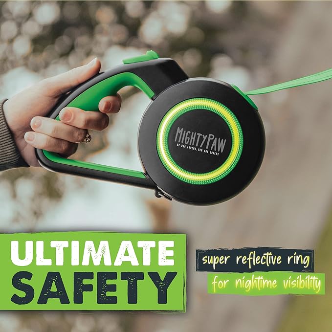 Mighty Paw Retractable Dog Leash, Heavy Duty for Small, Medium & Large Dogs | Anti-Slip Handle, Reflective Nylon Tape, Tangle-Free Swivel Clip, Auto-Locking Button, U-Shaped Guide