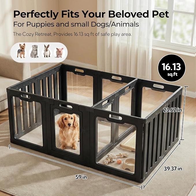 Soulbond Acrylic Dog Playpen Indoor with Partition(24 Inch,Black,12 Panels) | Non-Slip,Tool-Free Assembly, External Door Lock Play Pen for Puppies and Small Dogs with 2 Doors