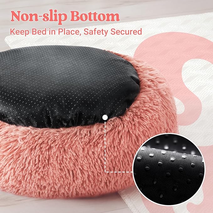 rabbitgoo Calming Cat Beds for Indoor Cats, 20 inches, Pink | Soft Warm Donut, Fluffy Faux Fur, Supportive Raised Rim, Anti-slip, Machine Washable, Up to 15lbs Kittens & Small Cats