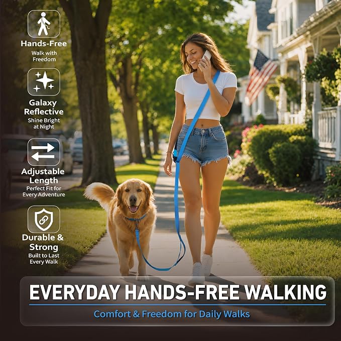 Hands Free Dog Leash,Galaxy Reflective,Crossbody Dog Leash,Blue | Galaxy Reflective • High Visibility • Emergency Control Handle • Heavy-Duty Hardware