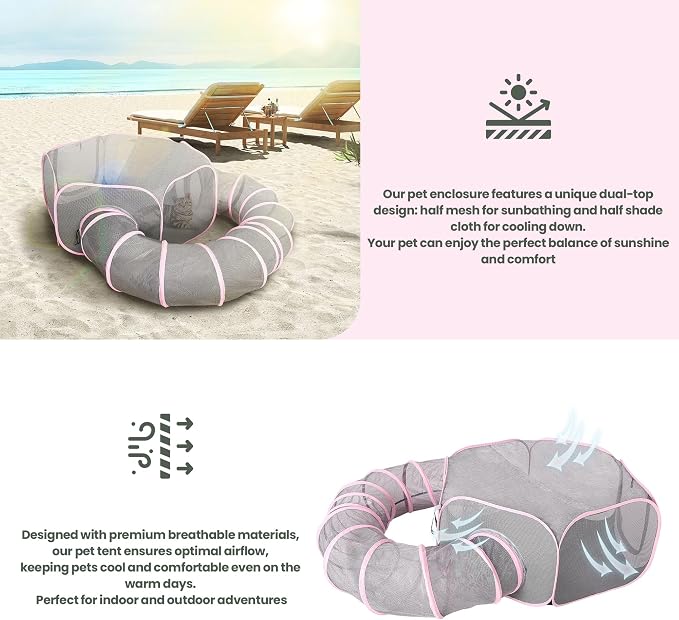 X-ZONE PET Portable Catio Playground, Outdoor Cat Enclosure, Enclosed Tent Playpen Tunnel for Indoor Cats & Small Animals, with Bag Storage 45 Inch Pink