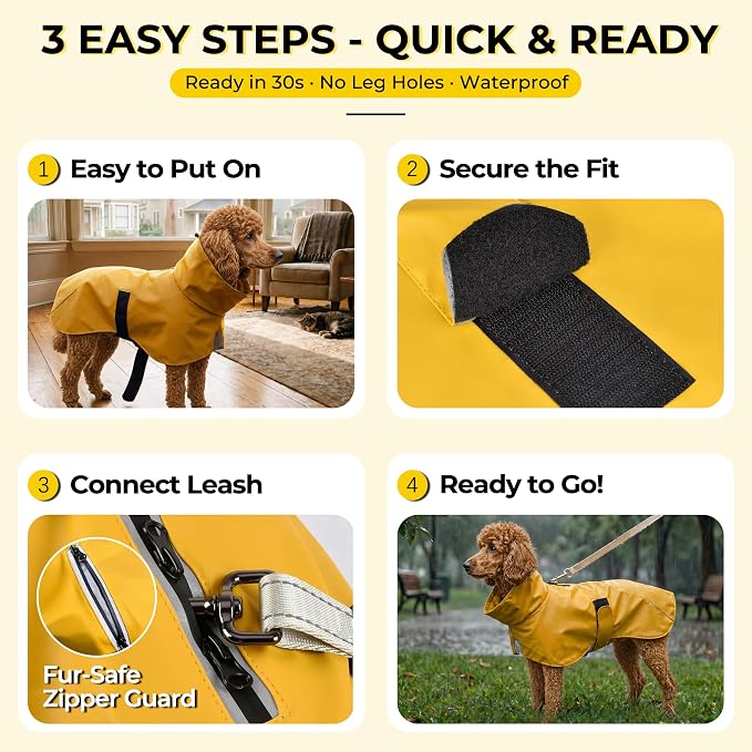 PU Dog Raincoat, Non-Toxic & Odorless Waterproof Vest, Adjustable High Neck and Hook & Loop Belly Closure for Rainy Potty Breaks & Wet Weather Outdoor Walks (Yellow, X-Large)