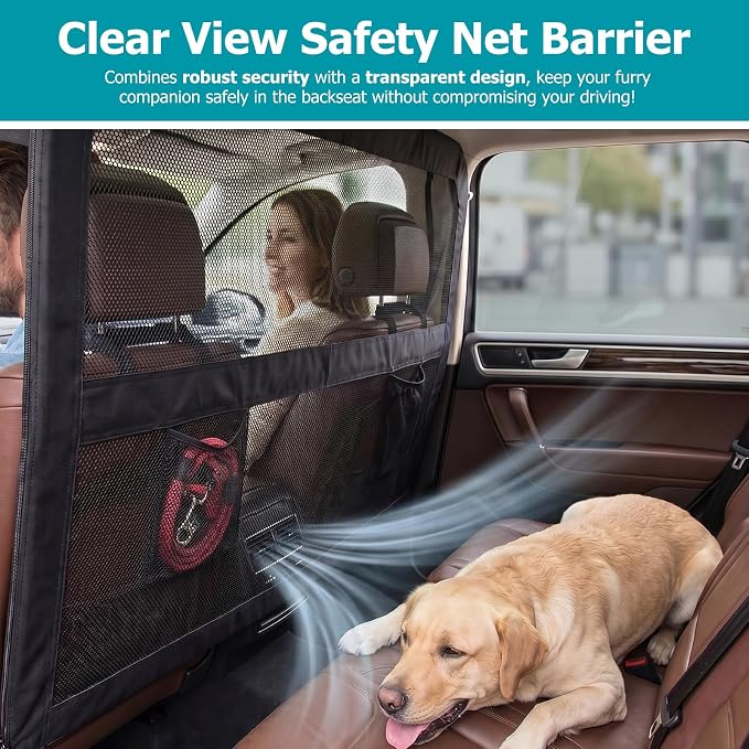 Dog Barrier for Car Back Seat & Cargo Area with Wider Coverage, Universal Fit for Cars, SUVs & Sedans, Dog Car Gate Divider with Chew-Proof Transparent Net and Sturdy Metal Frame for Backseat & Trunk