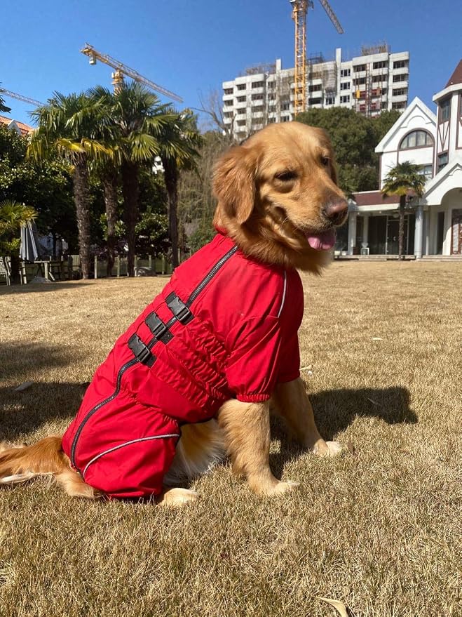 Lovelonglong Waterproof Dog Raincoat – 4-Leg Full Body Dog Rain Suit with Reflective Strips & Leash Opening, Outdoor Dog Jacket for Rainy Weather