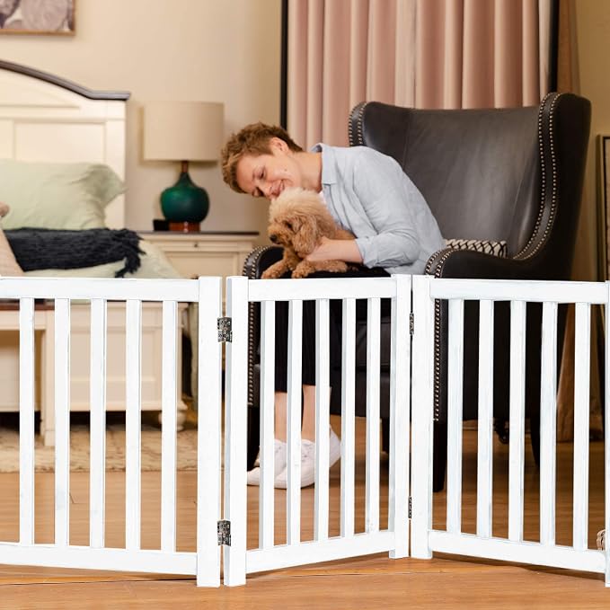 LZRS Wooden Free Standing Foldable Dog Gate Indoor – 60" W x 24" H,Step-Over Safety Pet Gate for Doorways, Stairs, Hallways, Indoor Dog Barrier for Small to Medium Dogs & Puppies, White